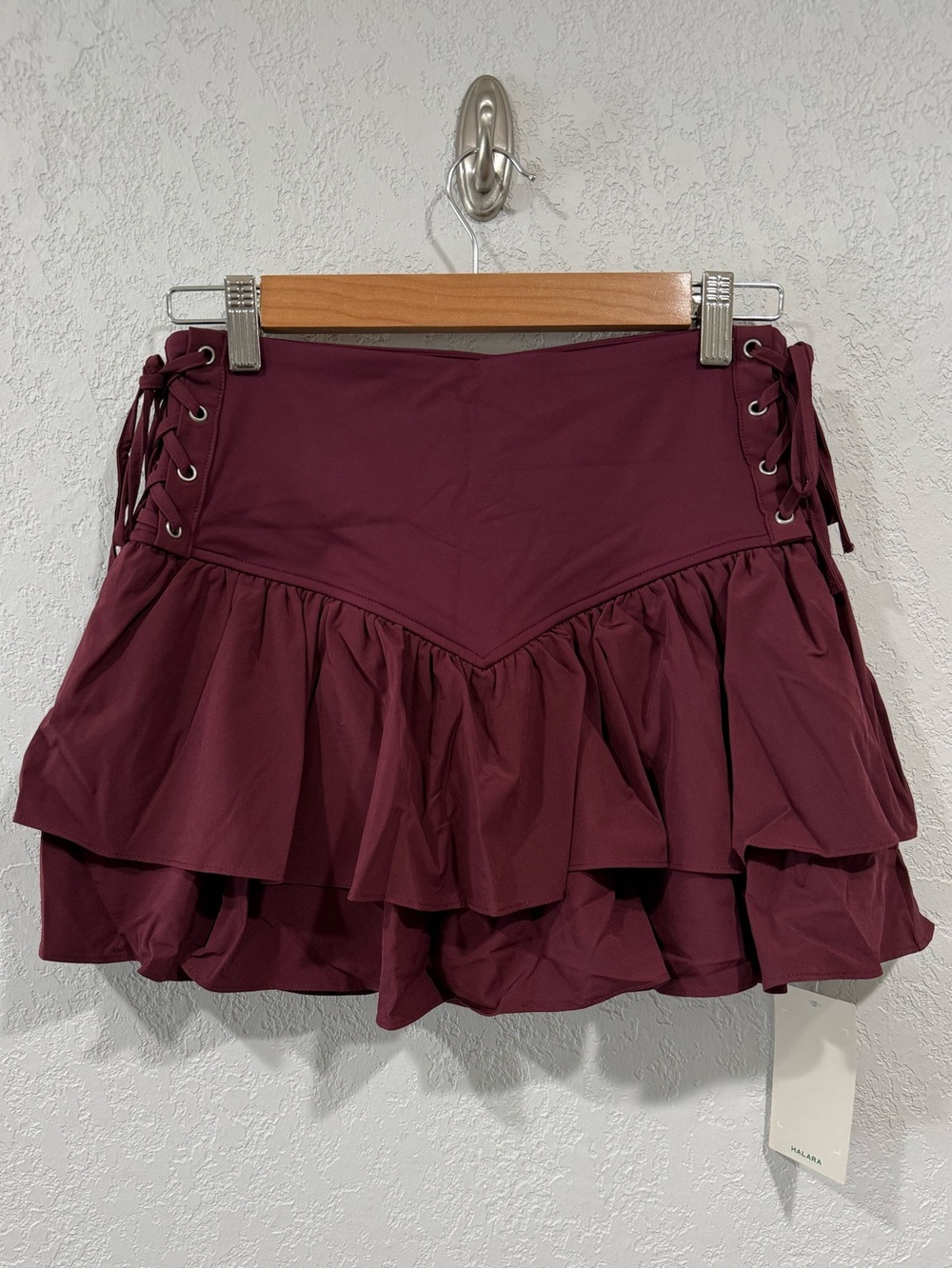 Halara Burgundy Ruffle Mini Skort with Lace-Up Sides